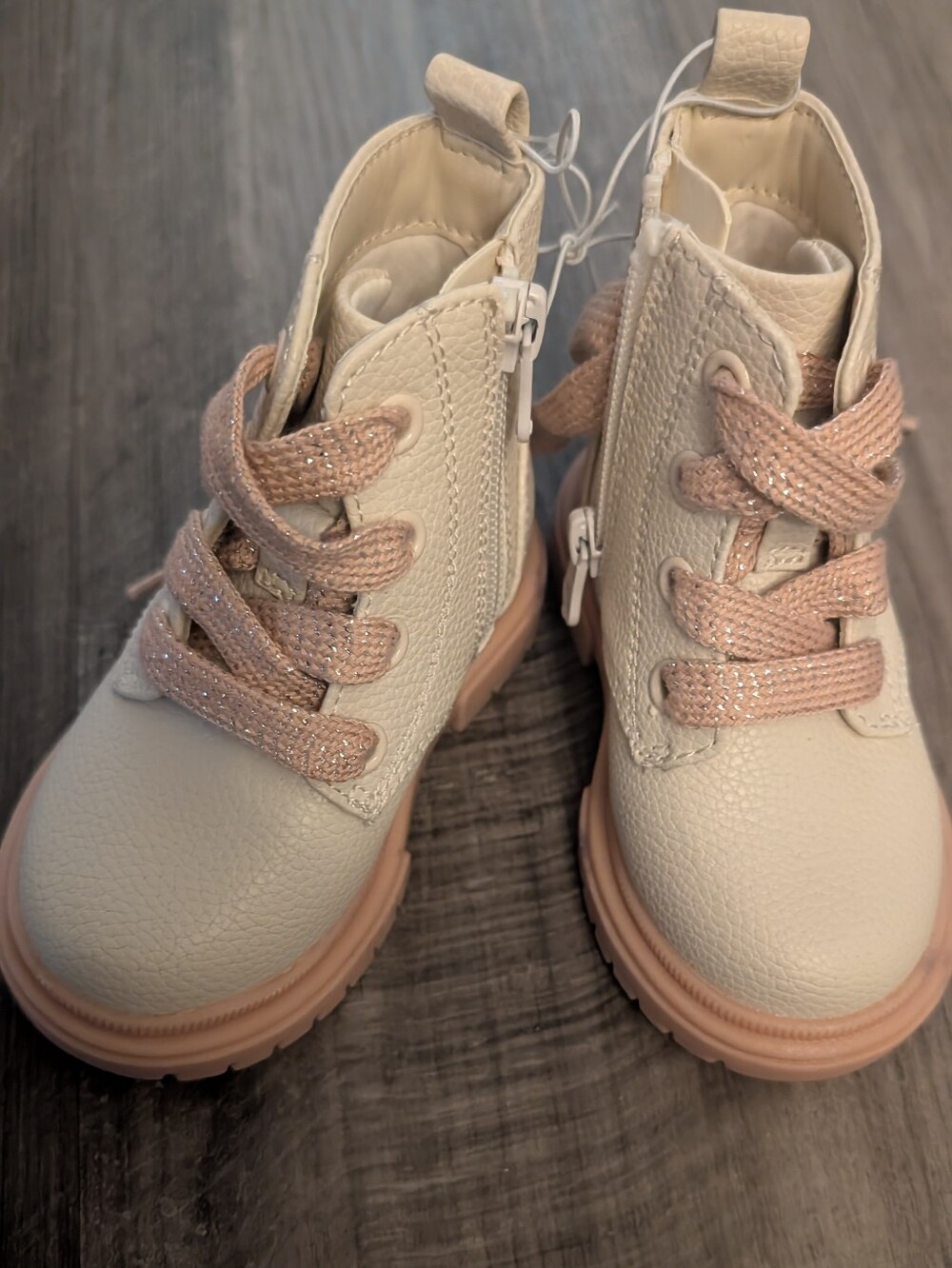 Kids Cream Ankle Boots with Sparkle Pink Laces